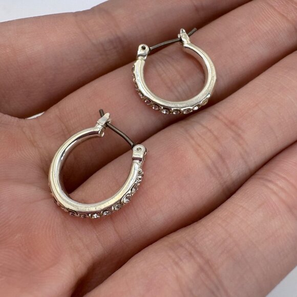 Silver Plated Small Cubic Zirconia Hoop Earrings Hinged Posts Sz 2/3" Diameter - Picture 7 of 9